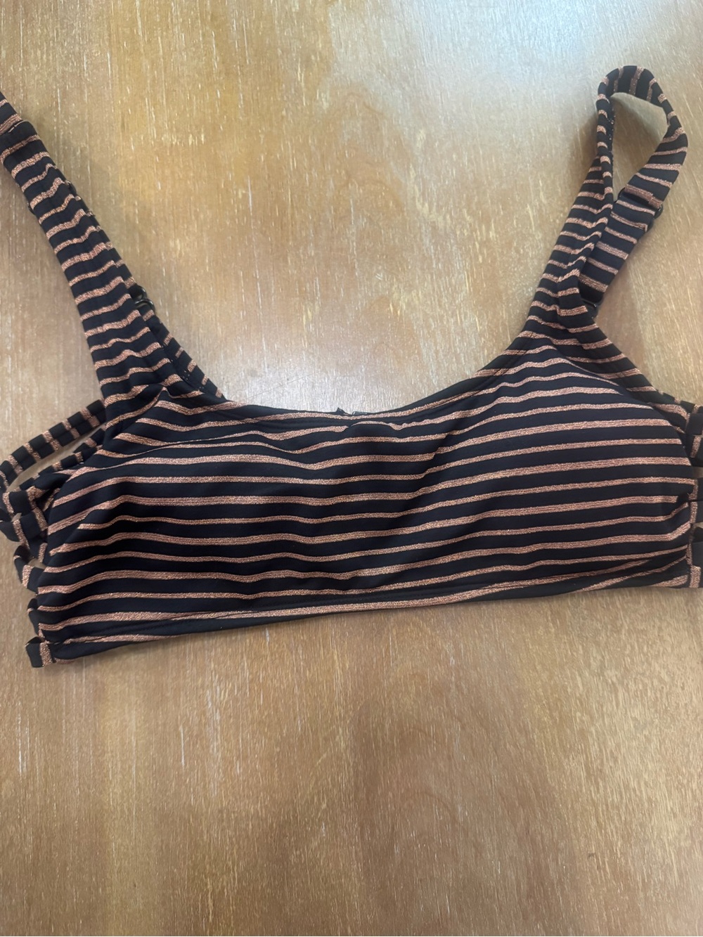 Striped Black and Brown Bikini Top - Sleek Women's Swimwear